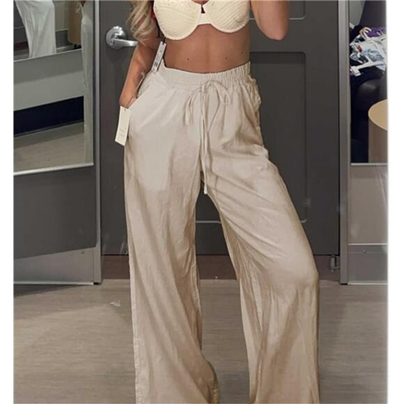 Womens Cotton Linen Palazzo Pants Wide Leg Drawstring Elastic Waist Pants - Picture 4 of 7